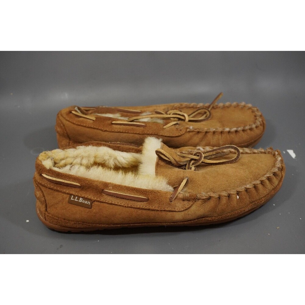 LL Bean Wicked Good Moccasin Slippers Womens Size 10 Brown Suede Sheepskin Fur